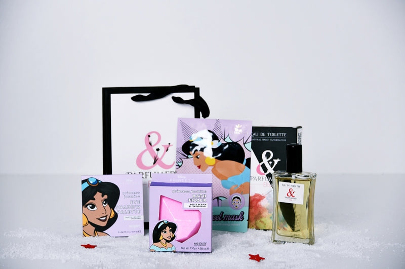 Coffret 7 - Un parfum générique au choix + Une bombe de bain Jasmine + Une palette de maquillage Jasmine + Un masque pour le visage Jasmine